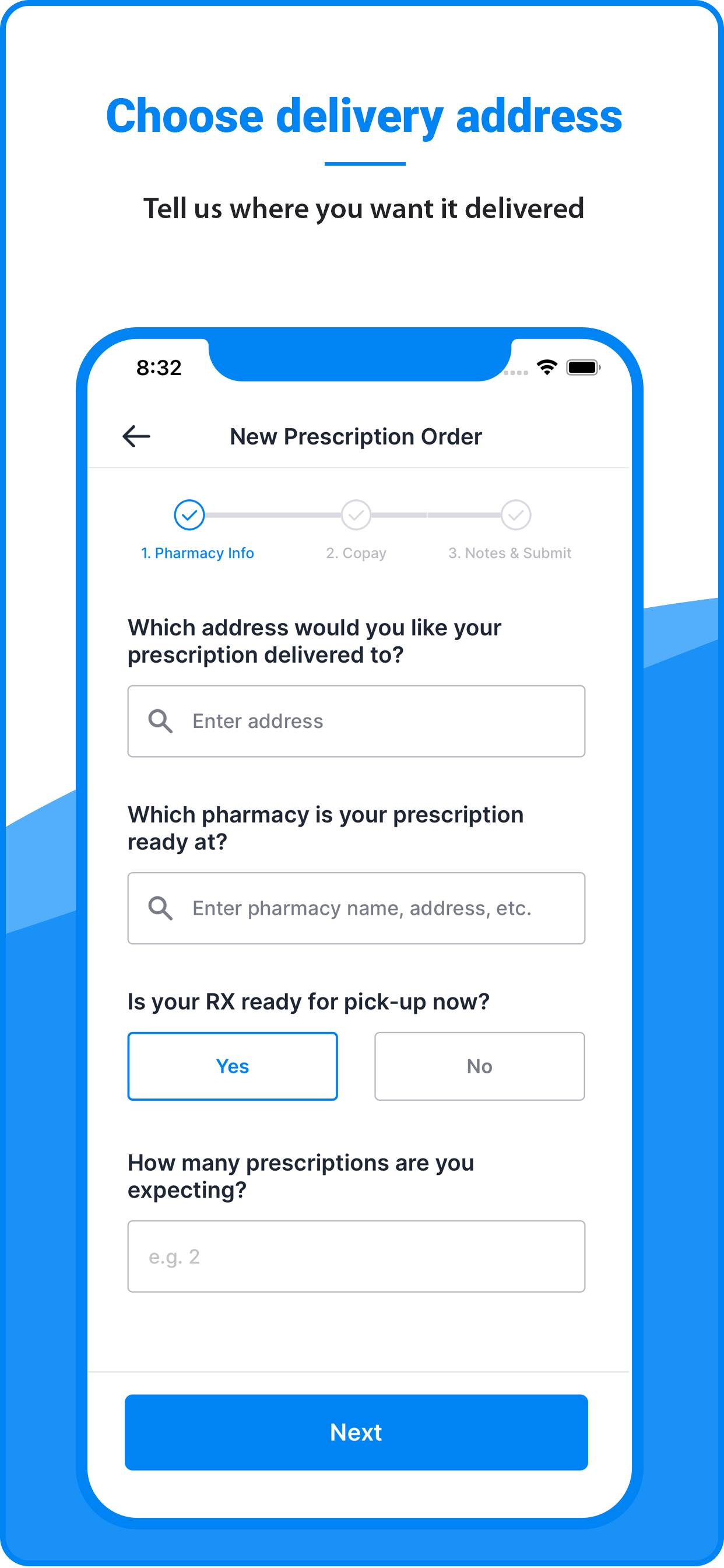 Pills2Me app screen: Choose delivery address