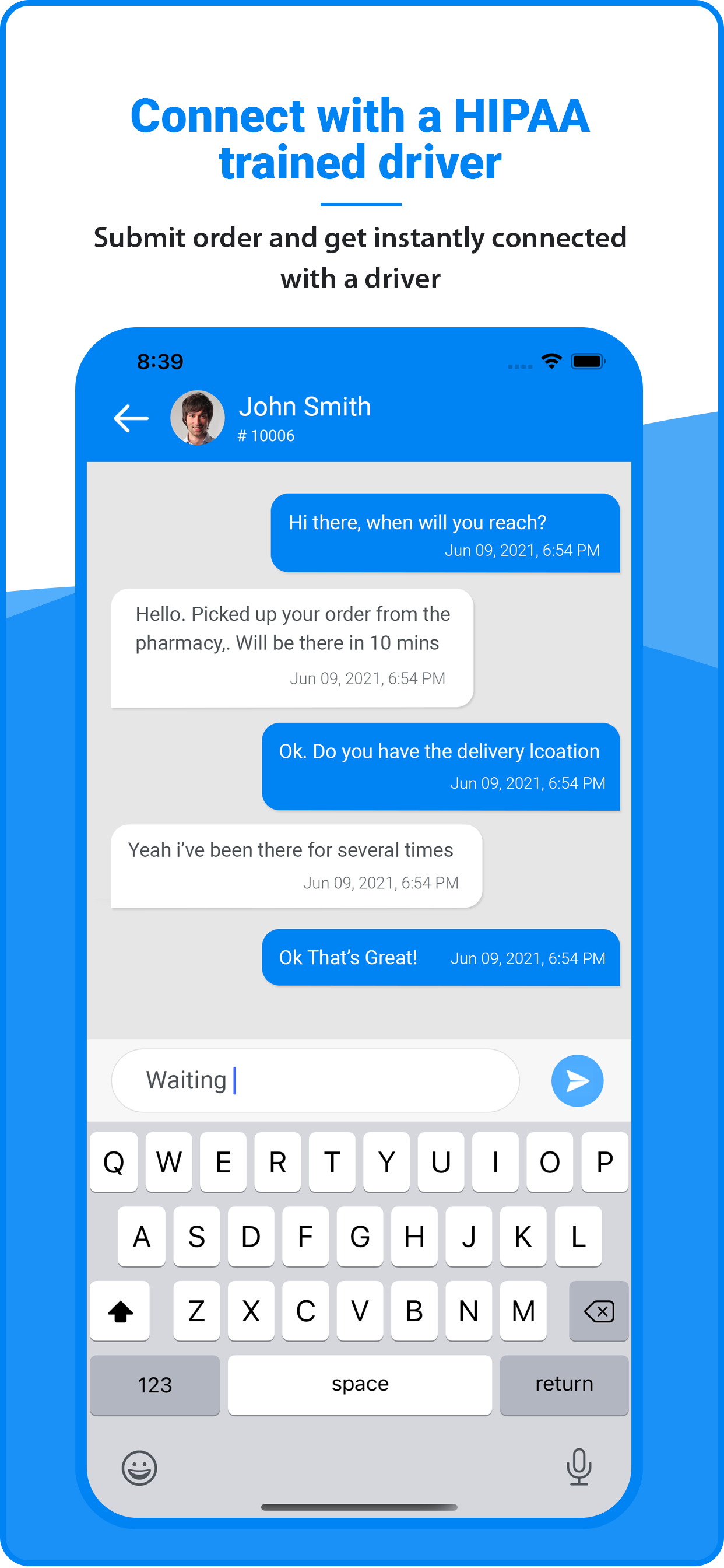 Pills2Me app screen: HIPAA-trained driver chat