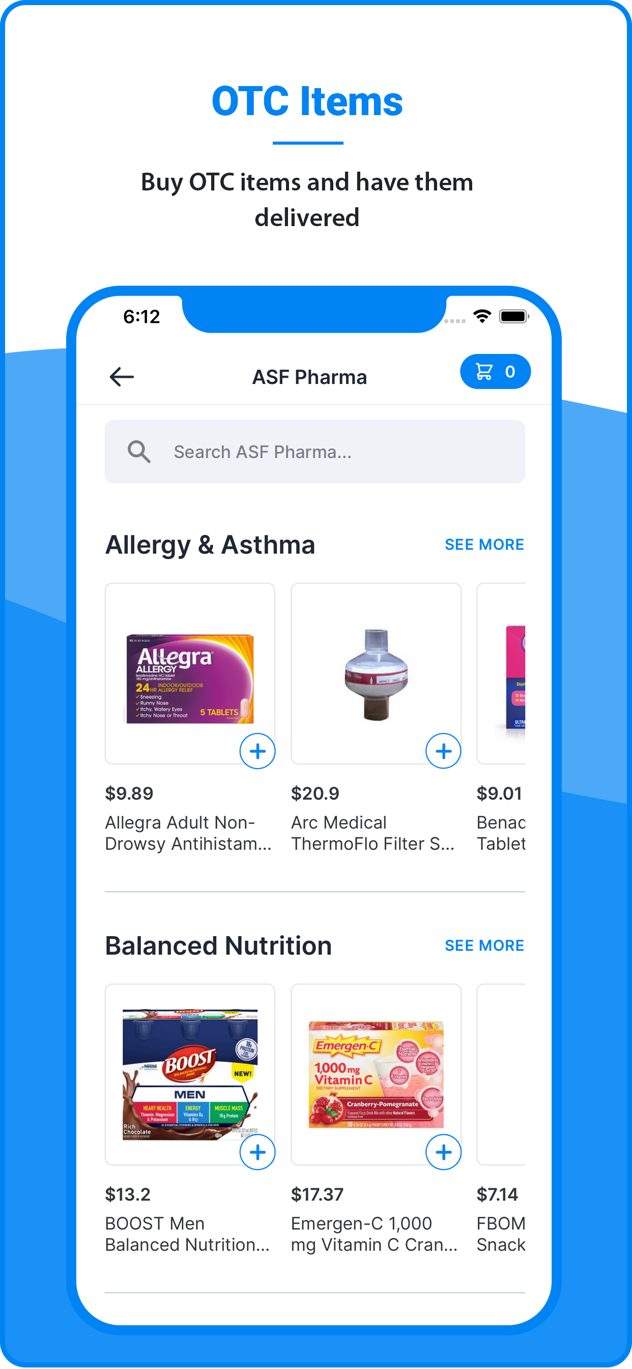 Pills2Me app screen: OTC items