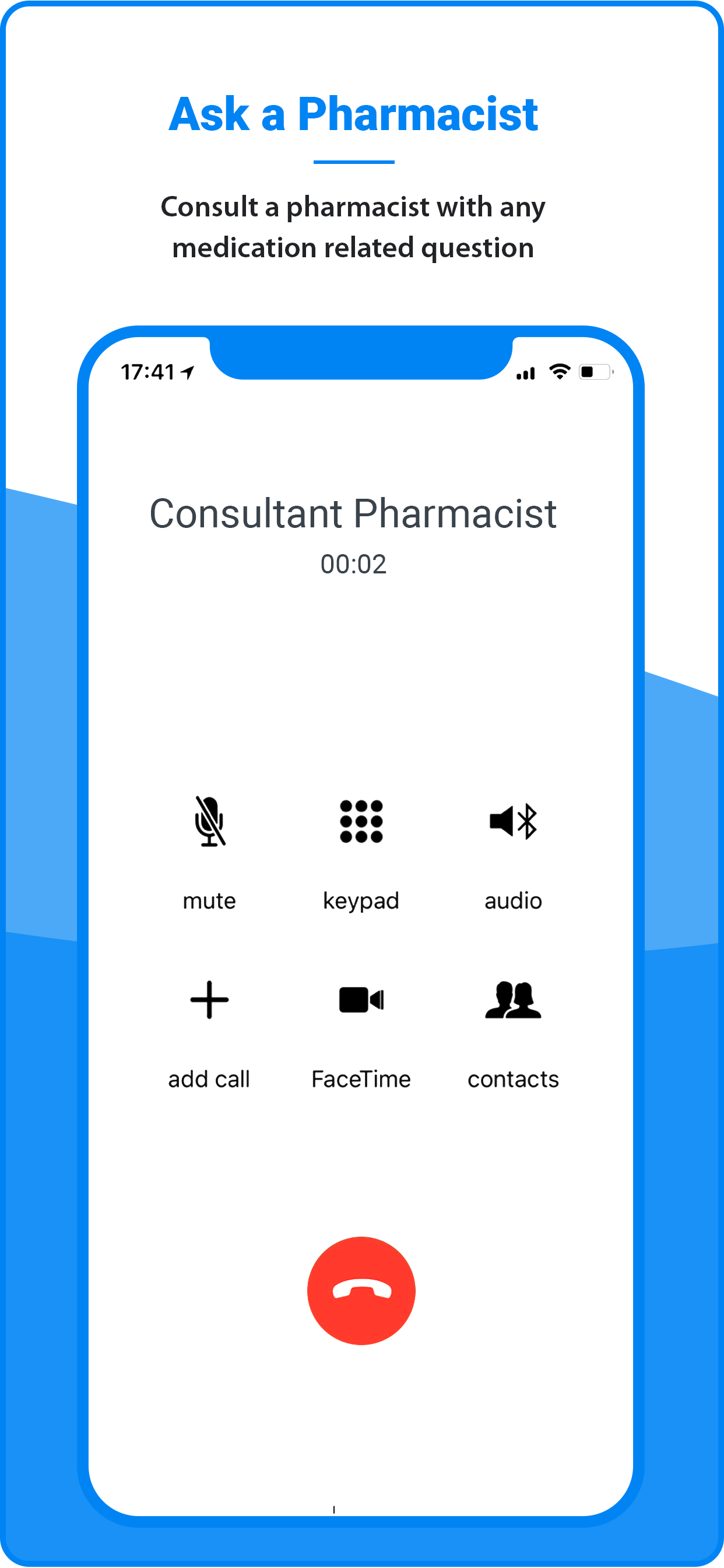 Pills2Me app screen: Ask a pharmacist